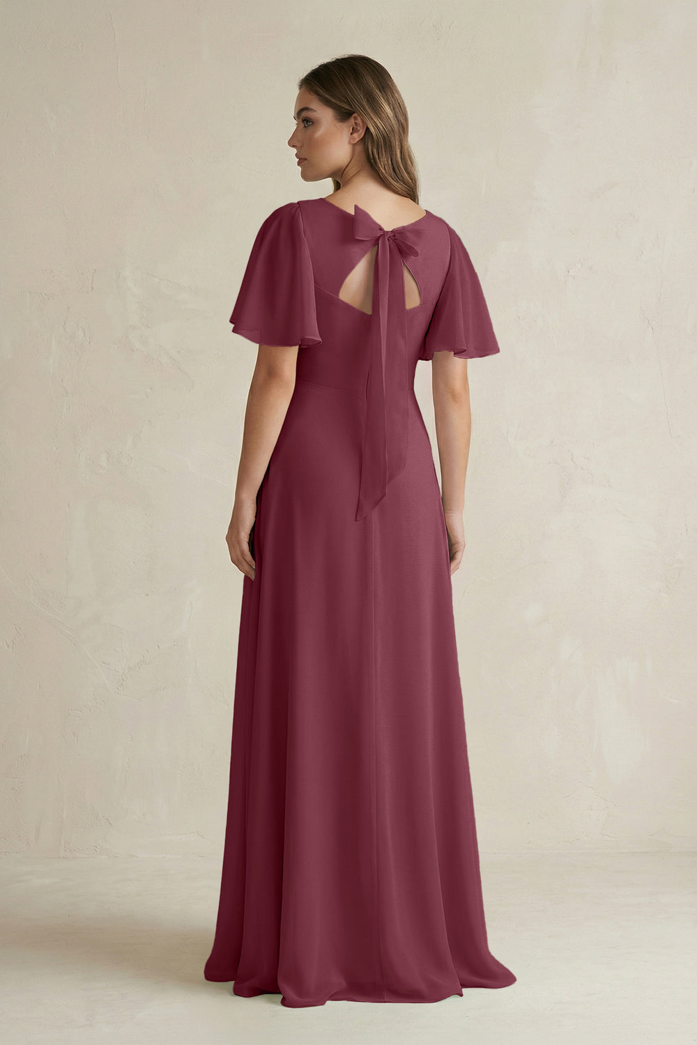 Flutter Sleeve V-Neck A-Line Chiffon Bridesmaid Dress in Desert Rose