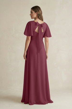 Flutter Sleeve V-Neck A-Line Chiffon Bridesmaid Dress in Desert Rose (2) | KISSBRIDAL