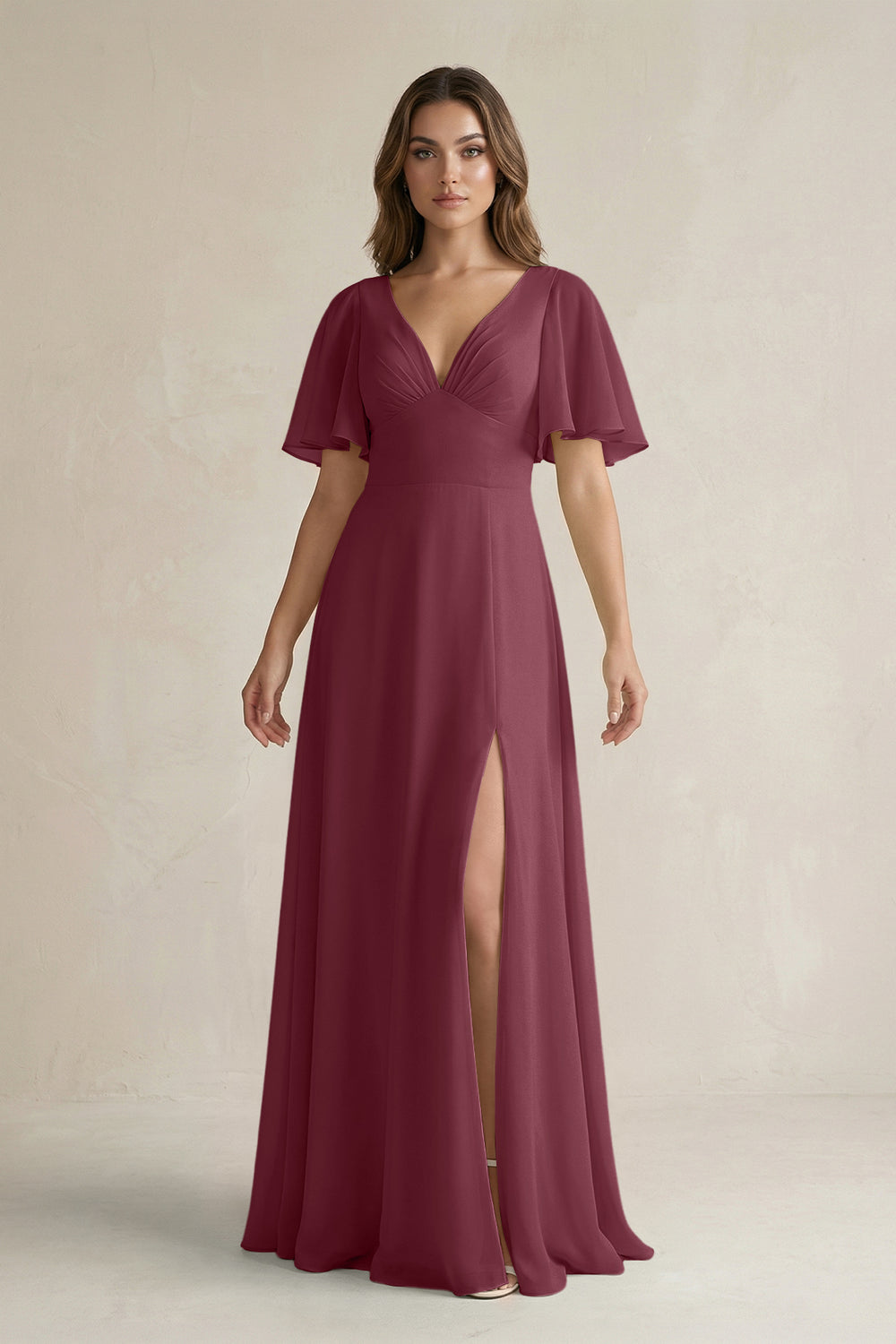 Flutter Sleeve V-Neck A-Line Chiffon Bridesmaid Dress in Desert Rose