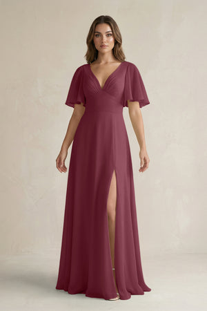 Flutter Sleeve V-Neck A-Line Chiffon Bridesmaid Dress in Desert Rose | KISSBRIDAL