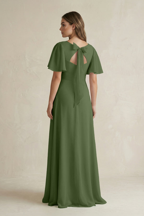 Flutter Sleeve V-Neck A-Line Chiffon Bridesmaid Dress in Moss (2) | KISSBRIDAL