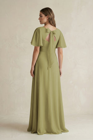 Flutter Sleeve V-Neck A-Line Chiffon Bridesmaid Dress in Moss Green (2) | KISSBRIDAL