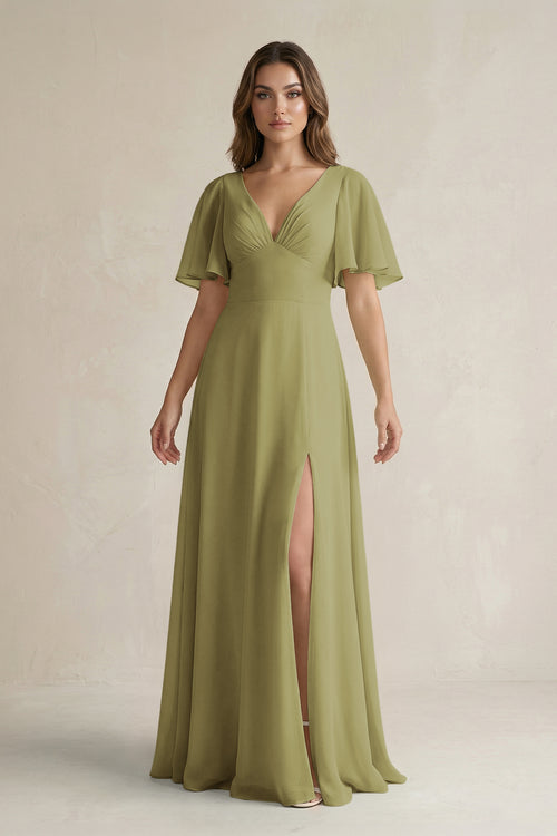 Flutter Sleeve V-Neck A-Line Chiffon Bridesmaid Dress in Moss Green | KISSBRIDAL