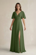 Flutter Sleeve V-Neck A-Line Chiffon Bridesmaid Dress in Moss | KISSBRIDAL