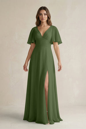 Flutter Sleeve V-Neck A-Line Chiffon Bridesmaid Dress in Moss | KISSBRIDAL