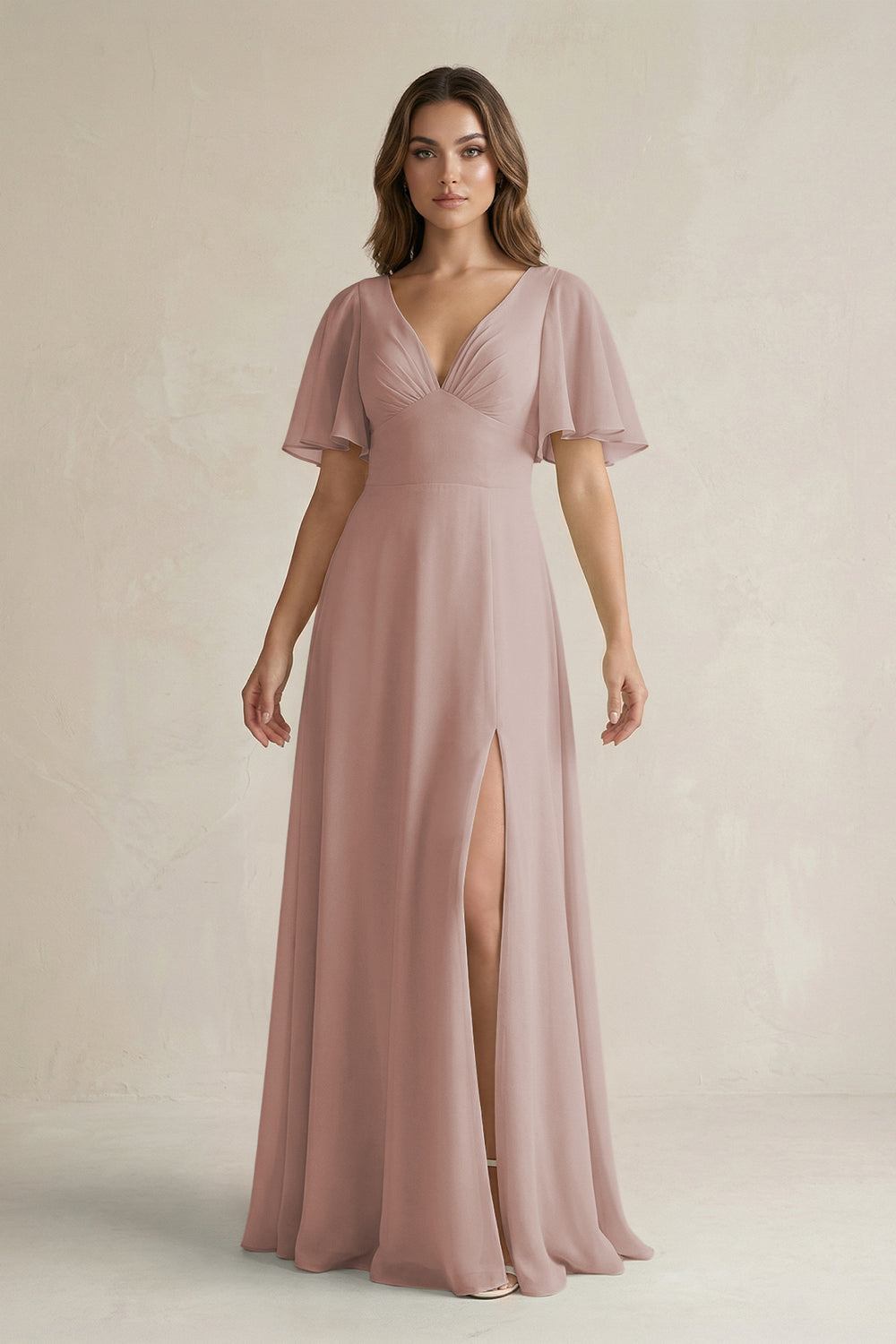 Flutter Sleeve V-Neck A-Line Chiffon Bridesmaid Dress in Toffee