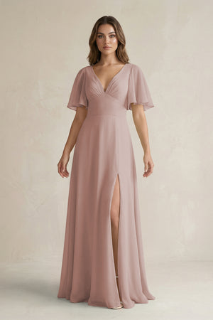 Flutter Sleeve V-Neck A-Line Chiffon Bridesmaid Dress in Toffee | KISSBRIDAL