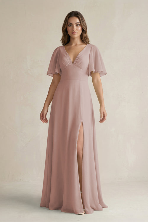Flutter Sleeve V-Neck A-Line Chiffon Bridesmaid Dress in Toffee | KISSBRIDAL