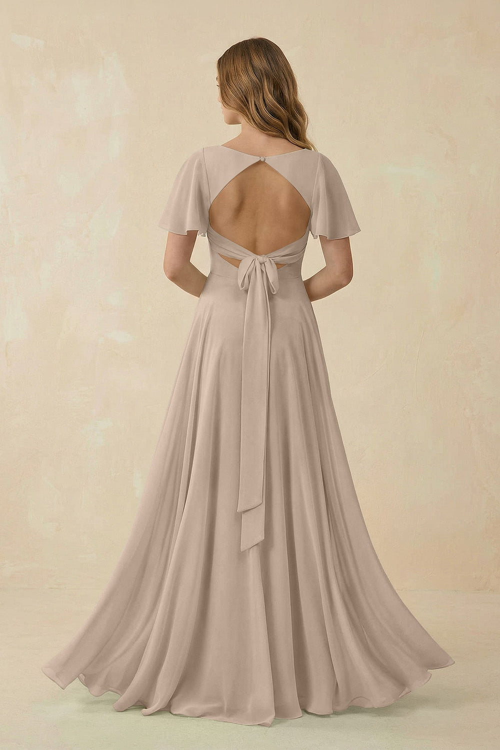 Flutter Sleeve V - Neck Chiffon A - Line Bridesmaid Dress in Almond - KISS BRIDAL Bridesmaid Dresses