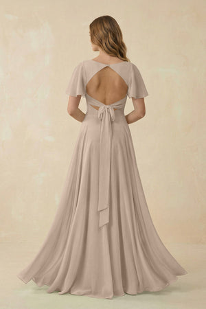 Flutter Sleeve V - Neck Chiffon A - Line Bridesmaid Dress in Almond - KISS BRIDAL Bridesmaid Dresses