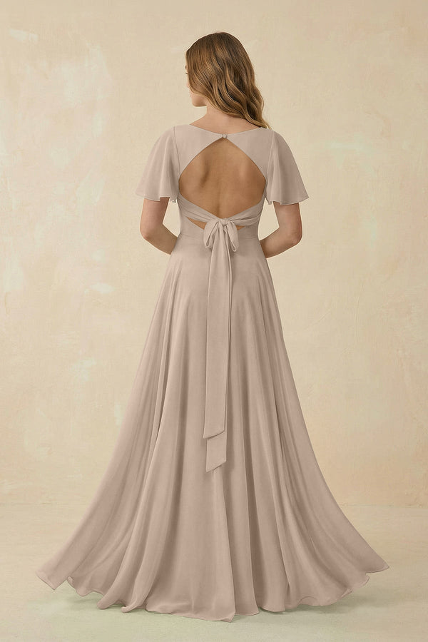 Flutter Sleeve V - Neck Chiffon A - Line Bridesmaid Dress in Almond - KISS BRIDAL Bridesmaid Dresses