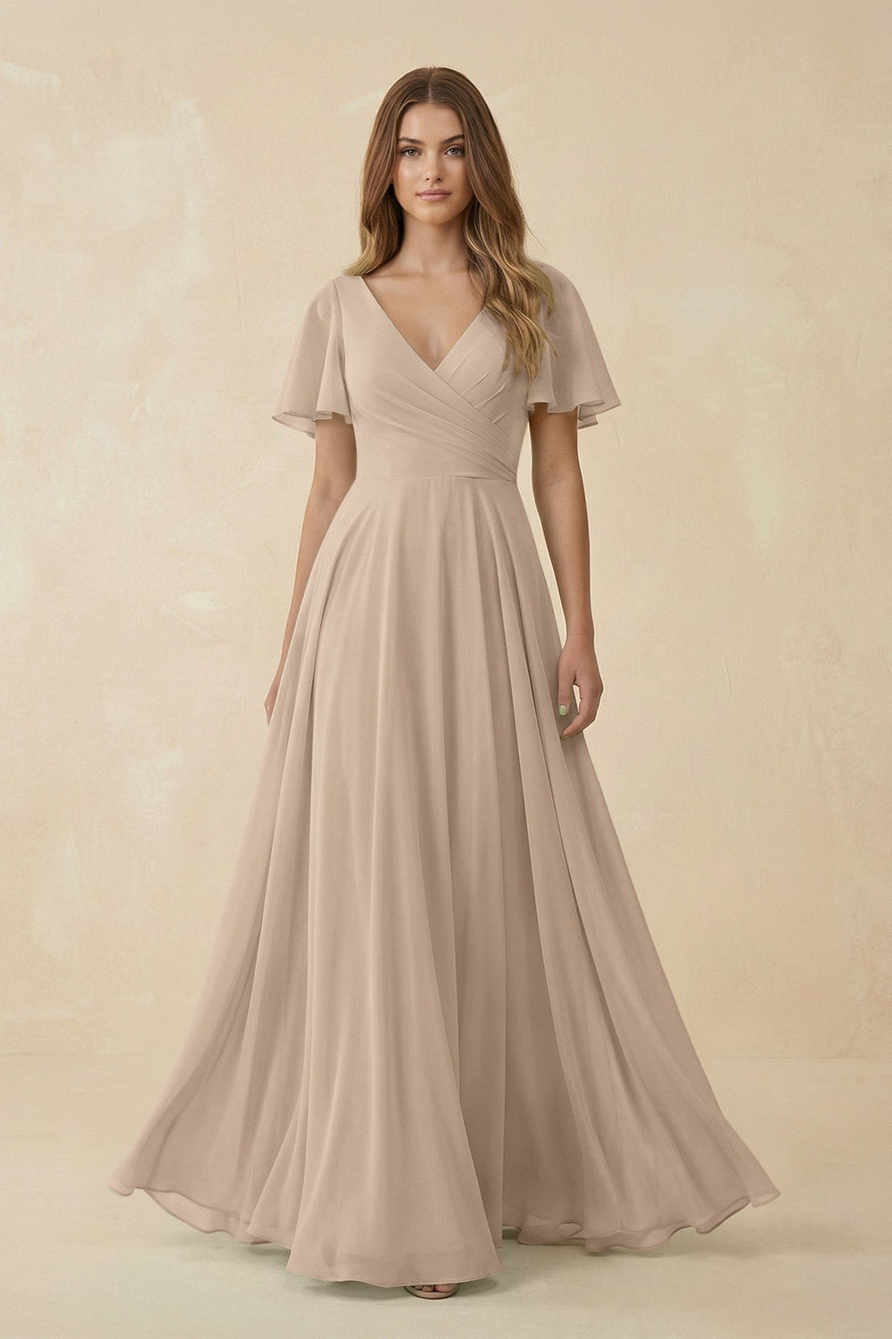 Flutter Sleeve V - Neck Chiffon A - Line Bridesmaid Dress in Almond - KISS BRIDAL Bridesmaid Dresses