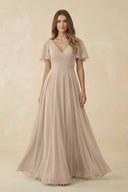 Flutter Sleeve V - Neck Chiffon A - Line Bridesmaid Dress in Almond - KISS BRIDAL Bridesmaid Dresses