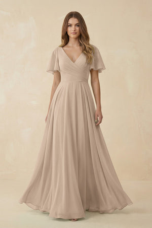 Flutter Sleeve V - Neck Chiffon A - Line Bridesmaid Dress in Almond - KISS BRIDAL Bridesmaid Dresses