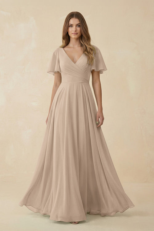 Flutter Sleeve V - Neck Chiffon A - Line Bridesmaid Dress in Almond - KISS BRIDAL Bridesmaid Dresses