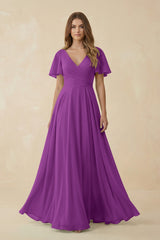 Flutter Sleeve V - Neck Chiffon A - Line Bridesmaid Dress in Amethyst - KISS BRIDAL Bridesmaid Dresses