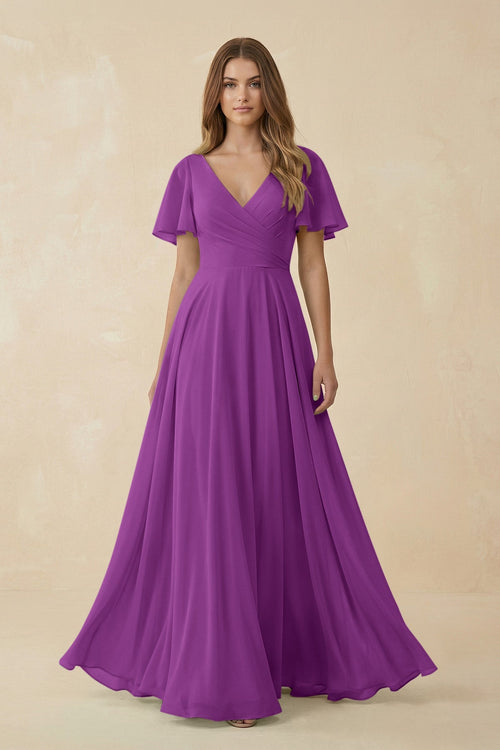 Flutter Sleeve V - Neck Chiffon A - Line Bridesmaid Dress in Amethyst - KISS BRIDAL Bridesmaid Dresses