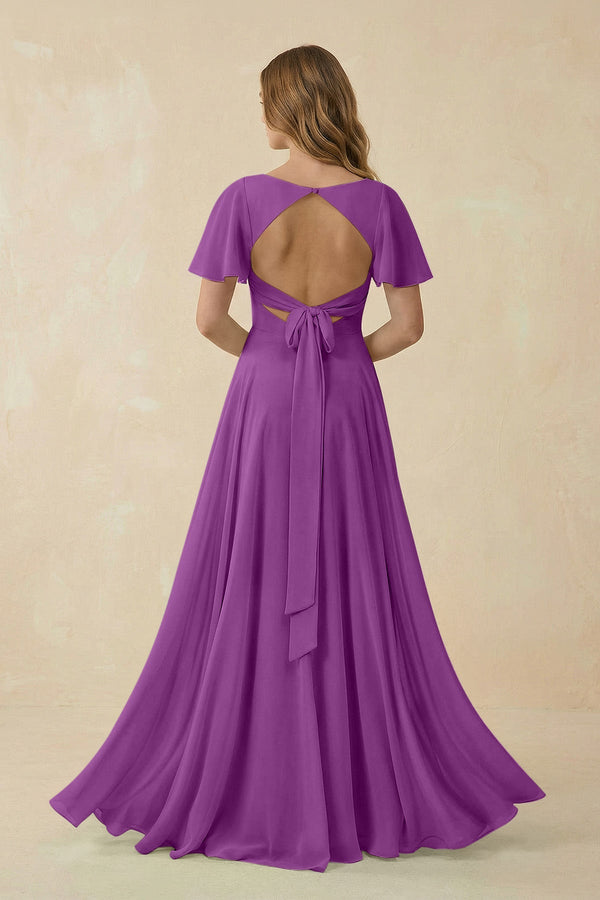 Flutter Sleeve V - Neck Chiffon A - Line Bridesmaid Dress in Amethyst - KISS BRIDAL Bridesmaid Dresses