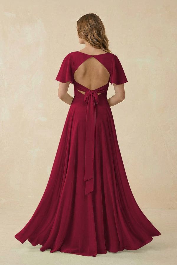 Flutter Sleeve V - Neck Chiffon A - Line Bridesmaid Dress in Berry - KISS BRIDAL Bridesmaid Dresses
