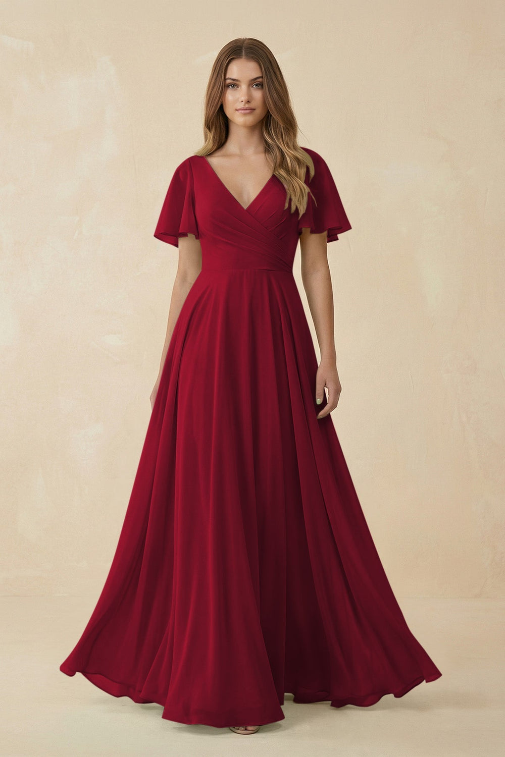 Flutter Sleeve V - Neck Chiffon A - Line Bridesmaid Dress in Berry - KISS BRIDAL Bridesmaid Dresses