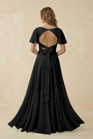 Flutter Sleeve V - Neck Chiffon A - Line Bridesmaid Dress in Black - KISS BRIDAL Bridesmaid Dresses