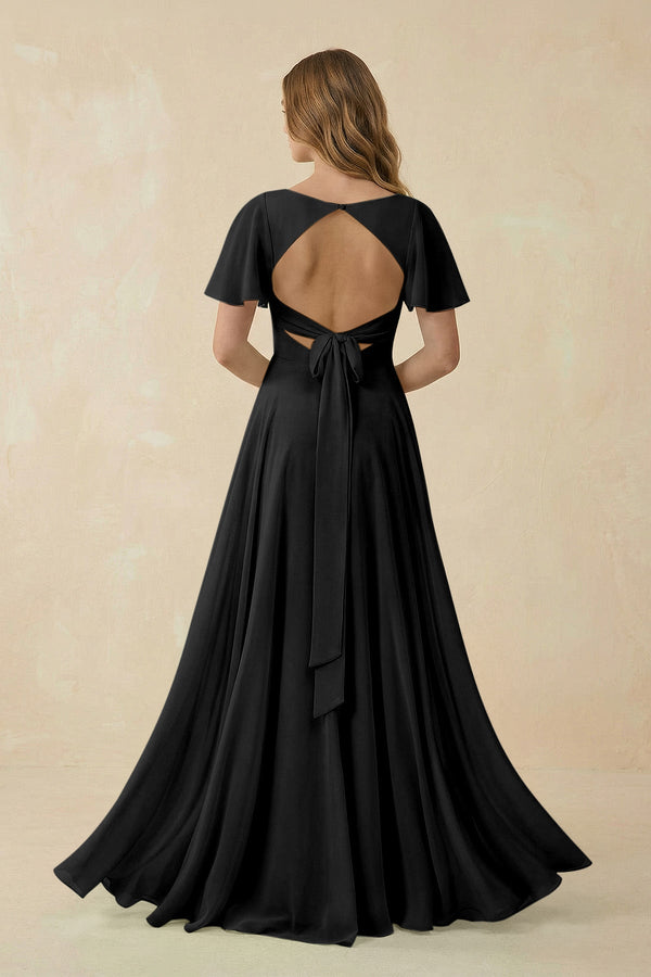 Flutter Sleeve V - Neck Chiffon A - Line Bridesmaid Dress in Black - KISS BRIDAL Bridesmaid Dresses