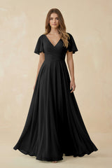 Flutter Sleeve V - Neck Chiffon A - Line Bridesmaid Dress in Black - KISS BRIDAL Bridesmaid Dresses