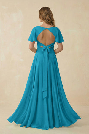 Flutter Sleeve V - Neck Chiffon A - Line Bridesmaid Dress in Blue Jay - KISS BRIDAL Bridesmaid Dresses