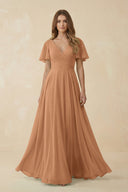 Flutter Sleeve V - Neck Chiffon A - Line Bridesmaid Dress in Bronzer - KISS BRIDAL Bridesmaid Dresses