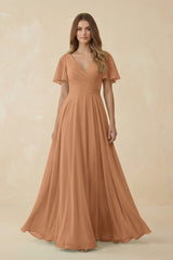Flutter Sleeve V - Neck Chiffon A - Line Bridesmaid Dress in Bronzer - KISS BRIDAL Bridesmaid Dresses
