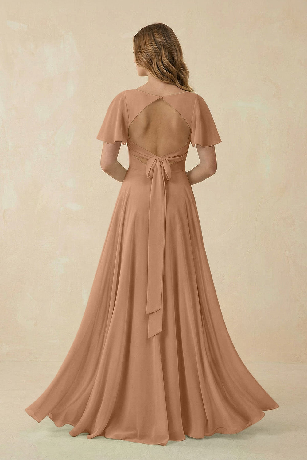 Flutter Sleeve V - Neck Chiffon A - Line Bridesmaid Dress in Bronzer - KISS BRIDAL Bridesmaid Dresses