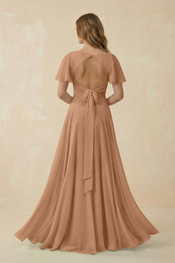 Flutter Sleeve V - Neck Chiffon A - Line Bridesmaid Dress in Bronzer - KISS BRIDAL Bridesmaid Dresses
