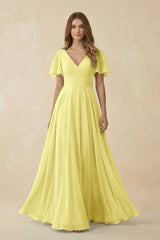 Flutter Sleeve V - Neck Chiffon A - Line Bridesmaid Dress in Buttercup - KISS BRIDAL Bridesmaid Dresses