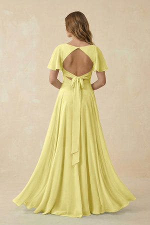 Flutter Sleeve V - Neck Chiffon A - Line Bridesmaid Dress in Buttercup - KISS BRIDAL Bridesmaid Dresses