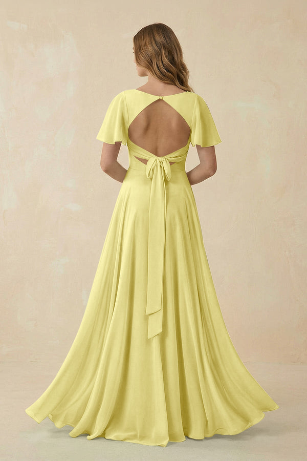Flutter Sleeve V - Neck Chiffon A - Line Bridesmaid Dress in Buttercup - KISS BRIDAL Bridesmaid Dresses