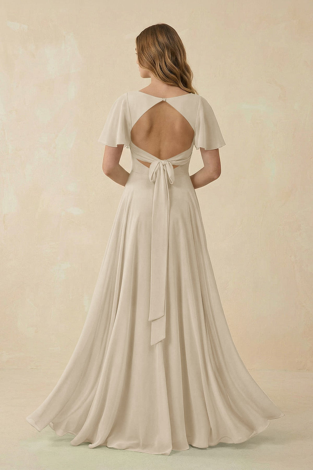 Flutter Sleeve V - Neck Chiffon A - Line Bridesmaid Dress in Champagne - KISS BRIDAL Bridesmaid Dresses