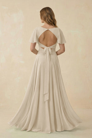 Flutter Sleeve V - Neck Chiffon A - Line Bridesmaid Dress in Champagne - KISS BRIDAL Bridesmaid Dresses