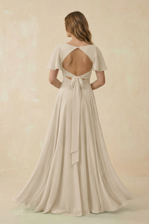 Flutter Sleeve V - Neck Chiffon A - Line Bridesmaid Dress in Champagne - KISS BRIDAL Bridesmaid Dresses