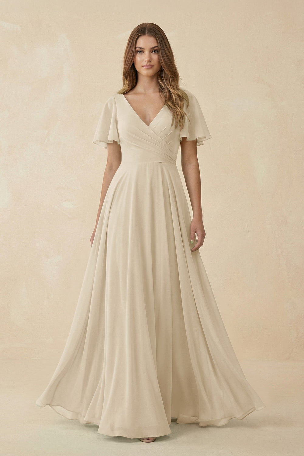 Flutter Sleeve V - Neck Chiffon A - Line Bridesmaid Dress in Champagne - KISS BRIDAL Bridesmaid Dresses