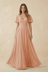 Flutter Sleeve V - Neck Chiffon A - Line Bridesmaid Dress in Champagne Rose - KISS BRIDAL Bridesmaid Dresses