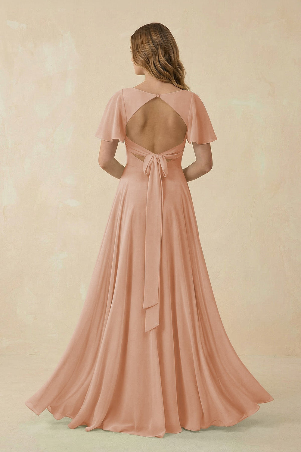 Flutter Sleeve V - Neck Chiffon A - Line Bridesmaid Dress in Champagne Rose - KISS BRIDAL Bridesmaid Dresses