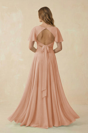Flutter Sleeve V - Neck Chiffon A - Line Bridesmaid Dress in Champagne Rose - KISS BRIDAL Bridesmaid Dresses
