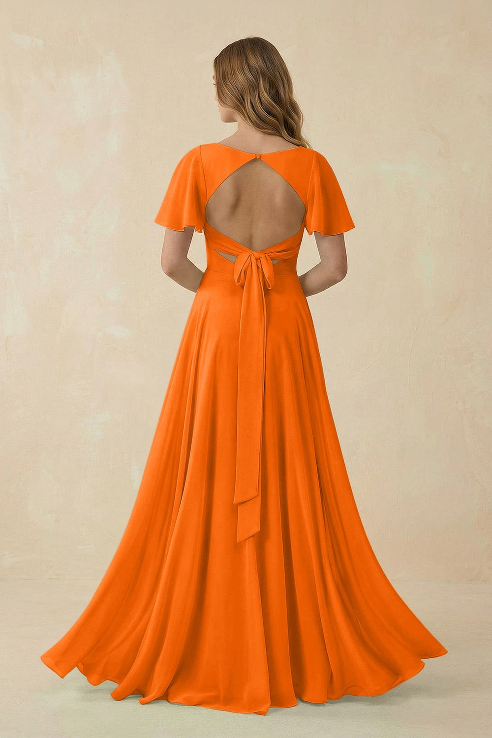 Flutter Sleeve V - Neck Chiffon A - Line Bridesmaid Dress in Cinnamon - KISS BRIDAL Bridesmaid Dresses