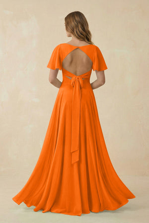 Flutter Sleeve V - Neck Chiffon A - Line Bridesmaid Dress in Cinnamon - KISS BRIDAL Bridesmaid Dresses