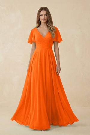 Flutter Sleeve V - Neck Chiffon A - Line Bridesmaid Dress in Cinnamon - KISS BRIDAL Bridesmaid Dresses