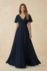 Flutter Sleeve V - Neck Chiffon A - Line Bridesmaid Dress in Dark Navy - KISS BRIDAL Bridesmaid Dresses