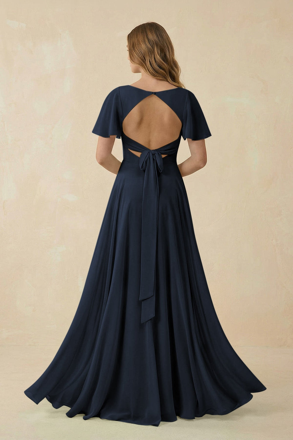 Flutter Sleeve V - Neck Chiffon A - Line Bridesmaid Dress in Dark Navy - KISS BRIDAL Bridesmaid Dresses