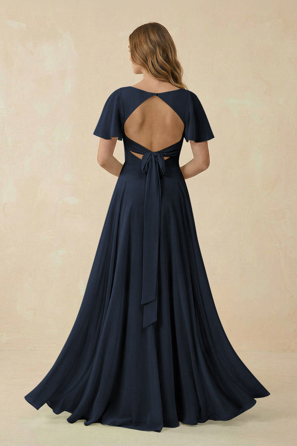 Flutter Sleeve V - Neck Chiffon A - Line Bridesmaid Dress in Dark Navy - KISS BRIDAL Bridesmaid Dresses