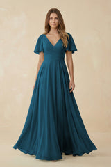 Flutter Sleeve V - Neck Chiffon A - Line Bridesmaid Dress in Dark Teal - KISS BRIDAL Bridesmaid Dresses