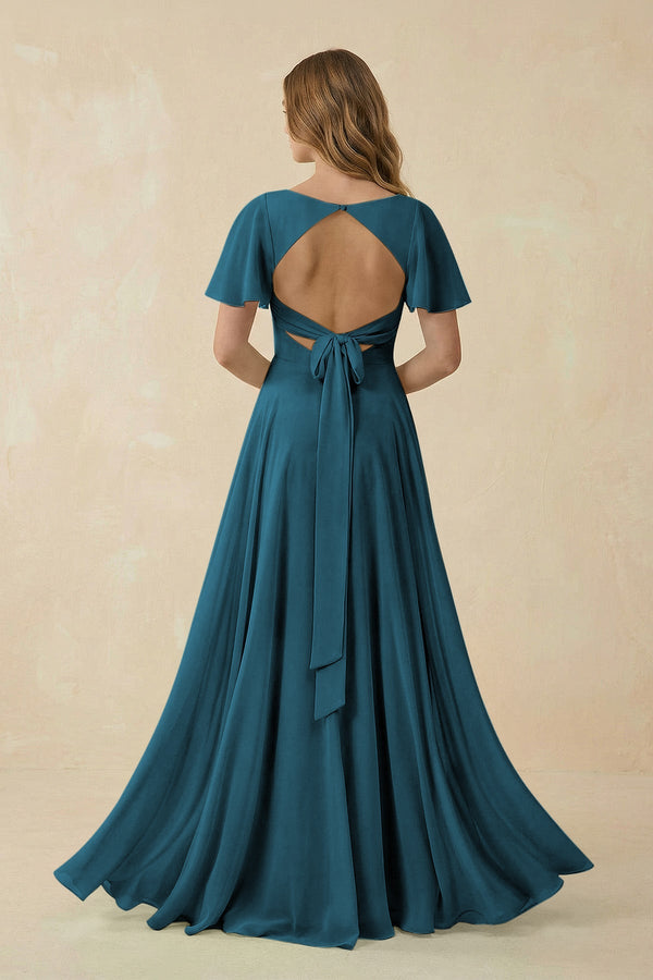 Flutter Sleeve V - Neck Chiffon A - Line Bridesmaid Dress in Dark Teal - KISS BRIDAL Bridesmaid Dresses